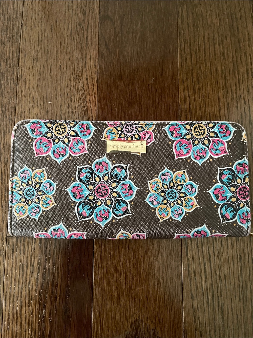 Simply Southern Brown Zip Card Wallet with Pink & Turquoise Floral Medallions